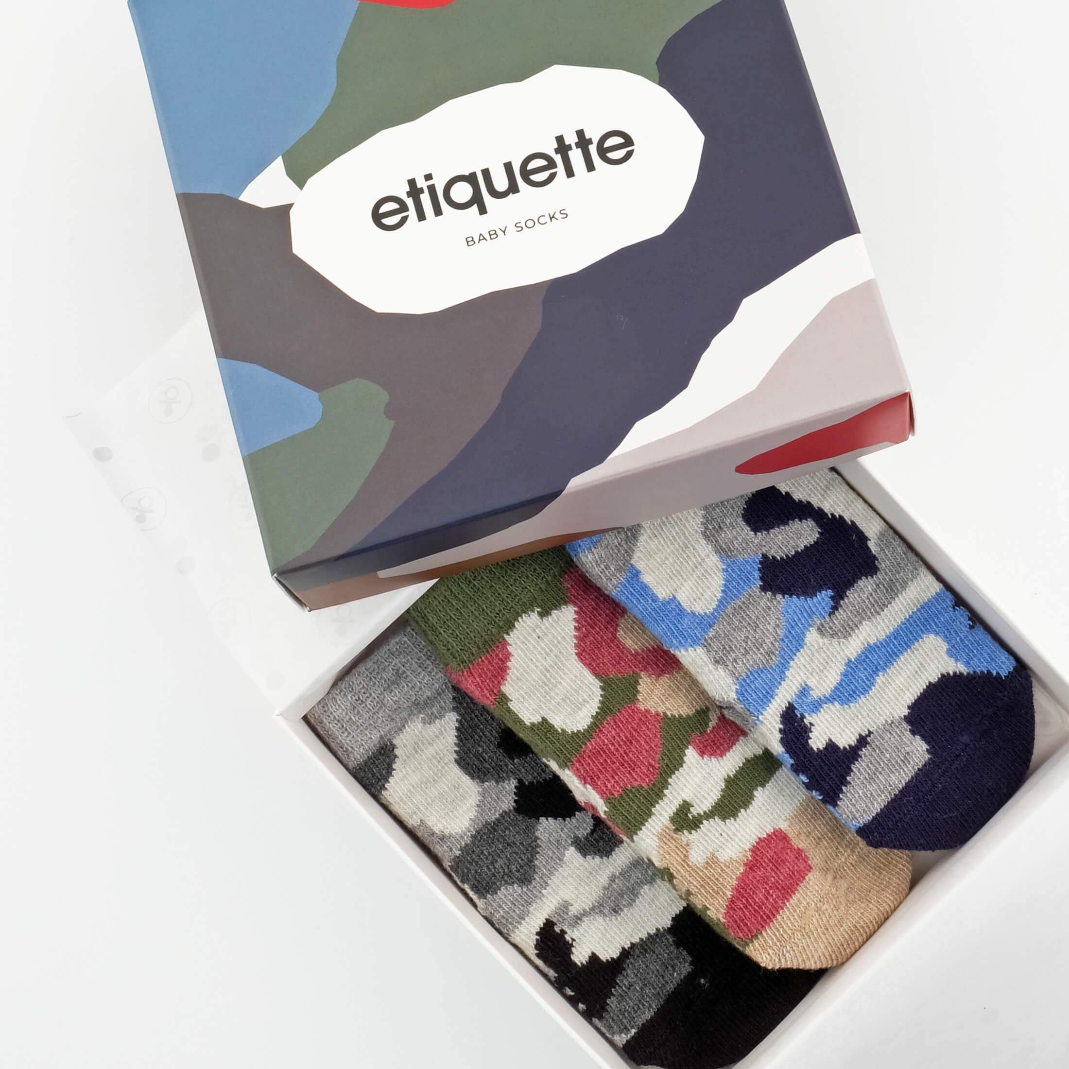 Camouflage Baby Socks Gift Box - Camo army Pattern - box view⎪Lil' Etiquette Clothiers