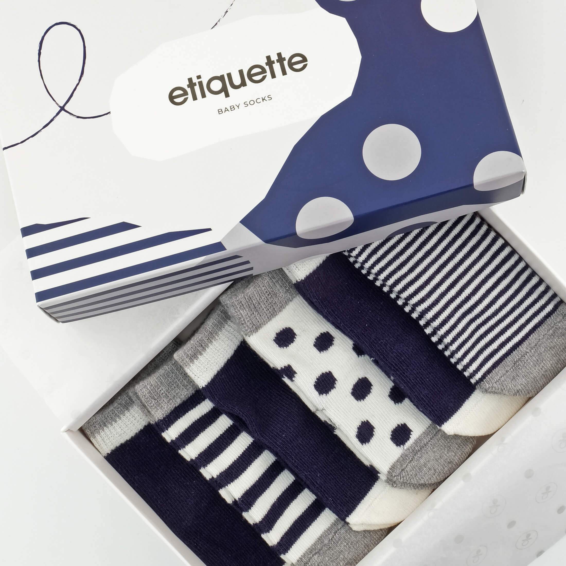 Baby Socks - Classic Sky Baby Socks Gift Box - Blue Navy Ecru Grey - top box view⎪Lil'Etiquette Clothiers