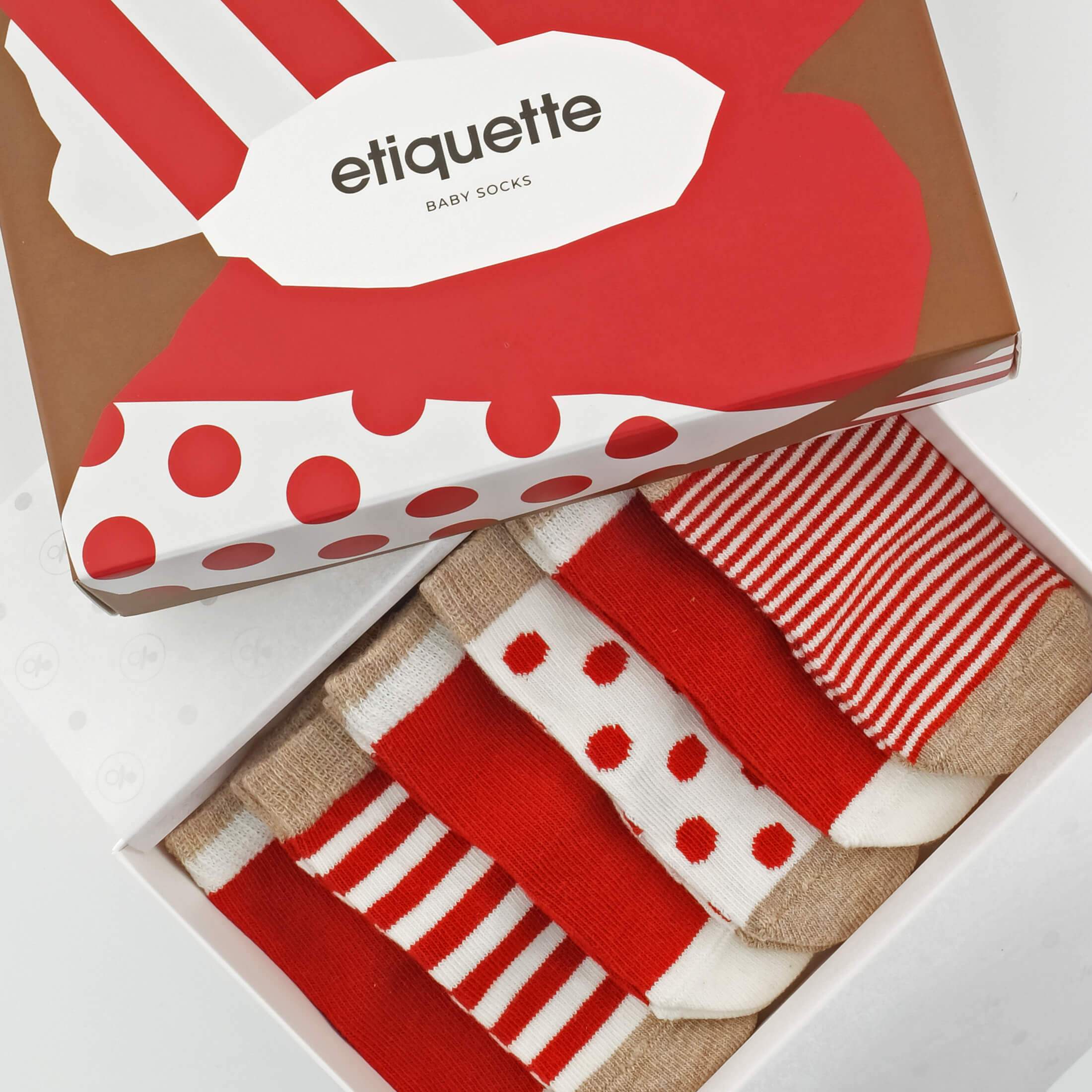 Baby Socks - Classic Earth Baby Socks Gift Box - Red Brown Ecru - top box view⎪Lil'Etiquette Clothiers