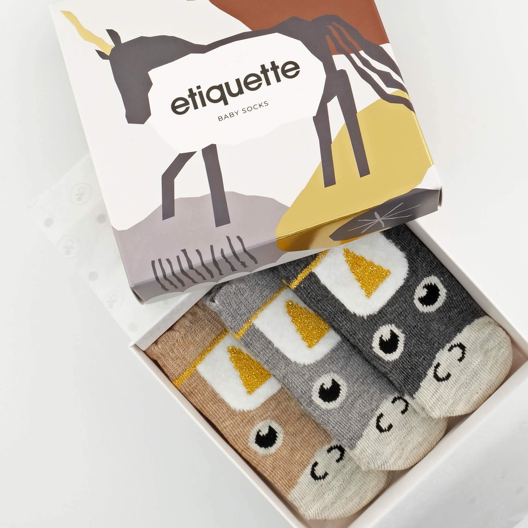 Baby Socks - Unicorn Baby Socks Gift Box - Metallics Gold and Heather Baby Socks - top box view⎪Lil'Etiquette Clothiers