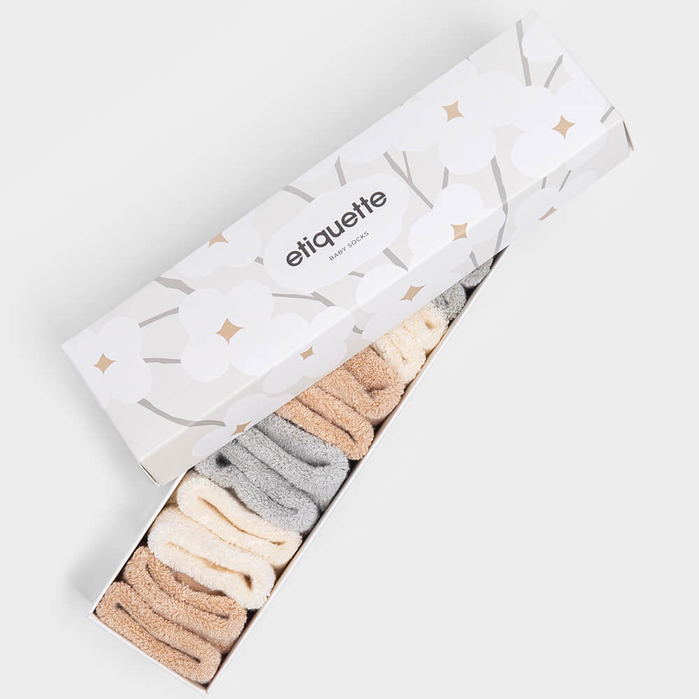 Organic Baby Socks - Pure Terry Baby Socks Gift Box - neutral cozy terry baby socks - top box view⎪Lil'Etiquette Clothiers