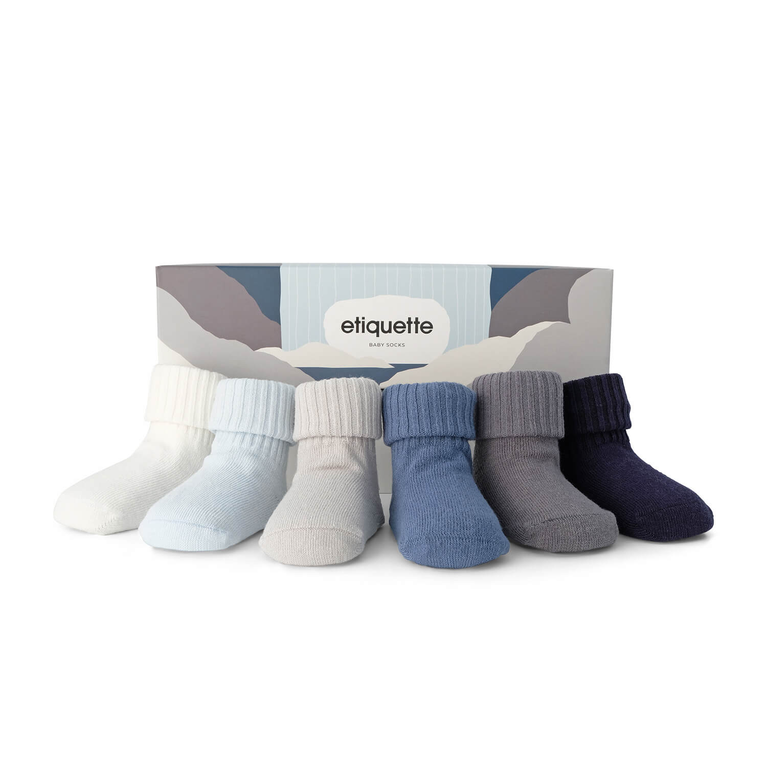 Organic Baby Socks - Waterfall Boy Baby Socks Gift Box for Baby Shower - blue grey ecru - main view⎪Lil'Etiquette Clothiers