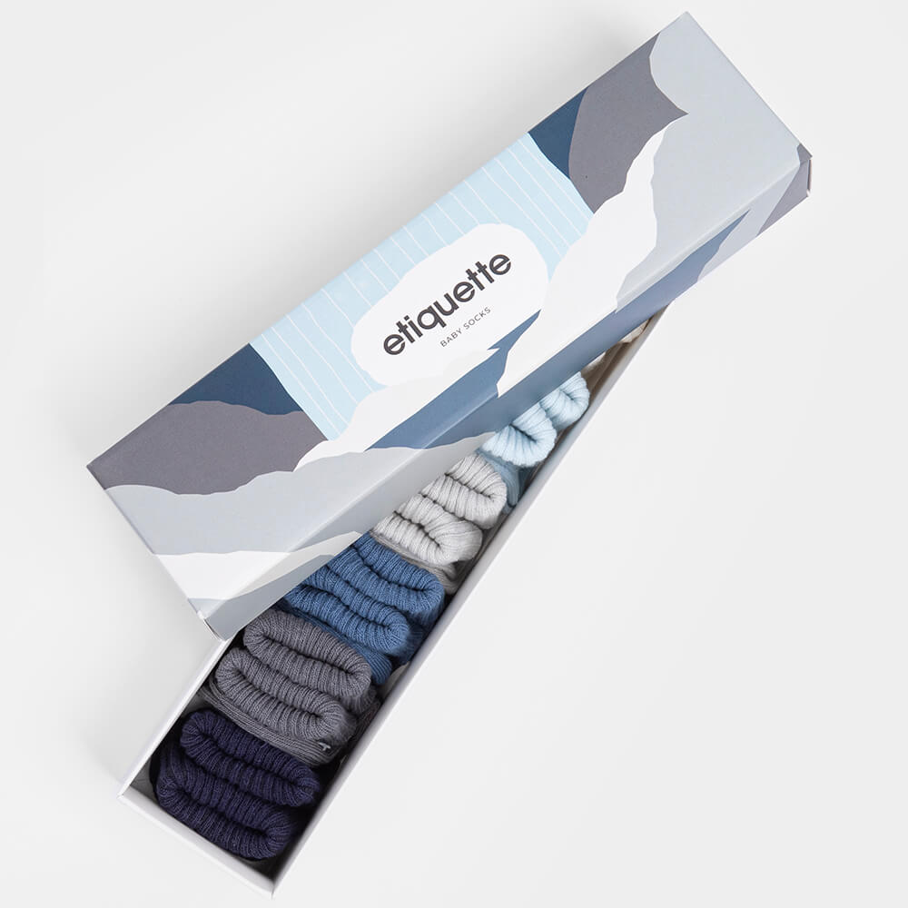 Organic Baby Socks - Waterfall Boy Baby Socks Gift Box for Baby Shower - blue grey ecru - top box view⎪Lil'Etiquette Clothiers