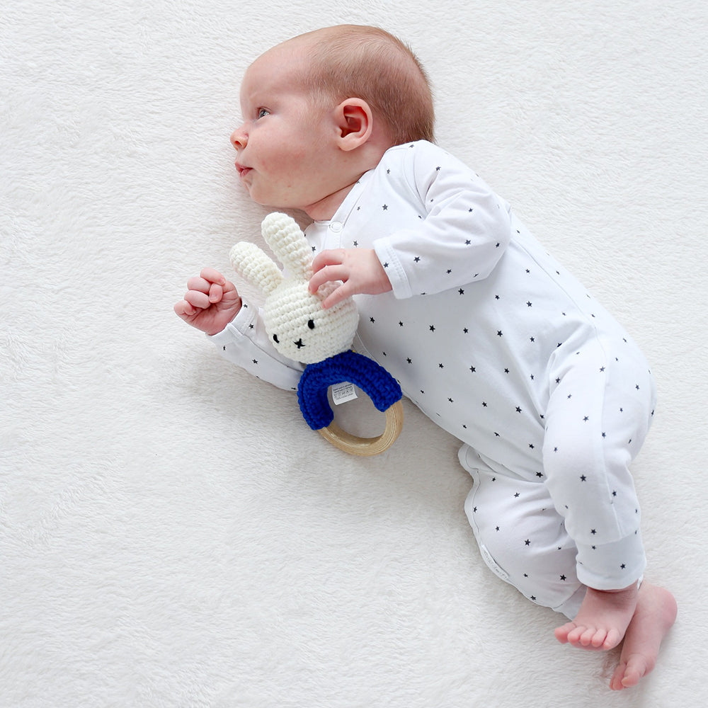 Miffy Nijntje Ecru Crochet and Wooden Baby Teether by Just Dutch - Gift for Newborns and Baby Showers - beauty shot⎪Lil'Etiquette Clothiers